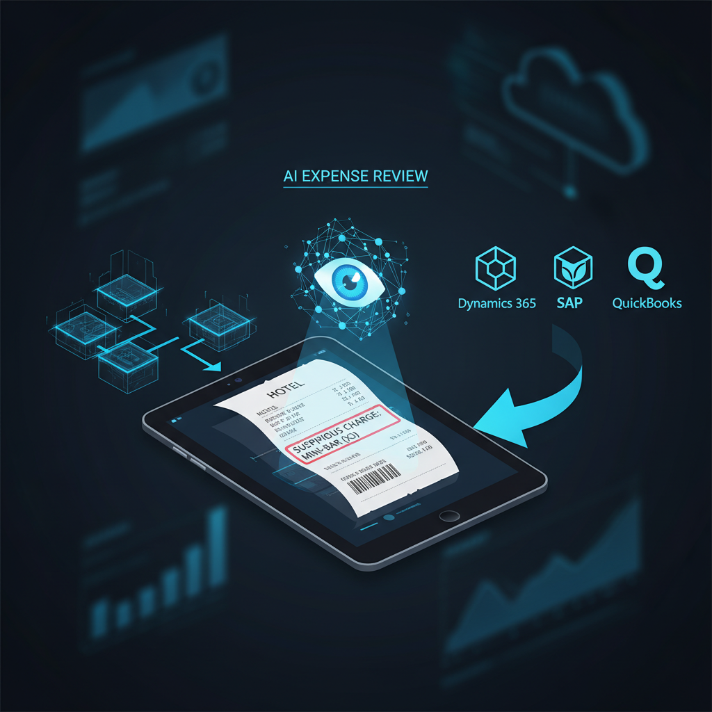 Enterprise finance dashboard where an AI expense agent screens a suspicious receipt before sending it into ERP approval