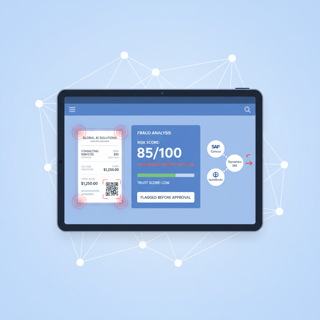 Finance review dashboard flagging a suspicious AI-generated receipt before it reaches SAP Concur, Dynamics 365, or QuickBooks approval