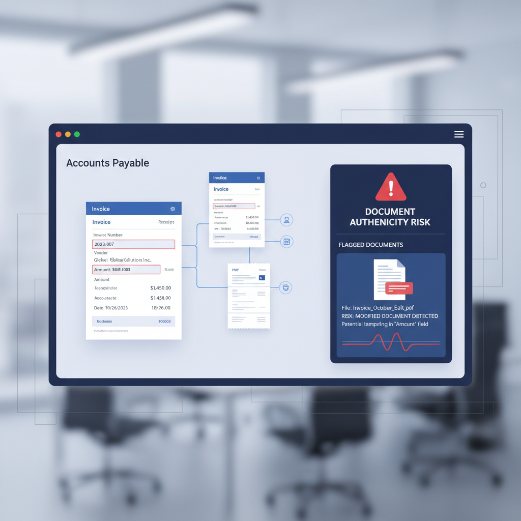 Accounts payable dashboard comparing OCR extraction with document authenticity verification for a suspicious edited PDF