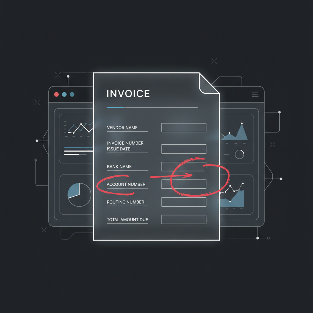 Editorial illustration of a suspicious invoice PDF inside an accounts payable dashboard with tampering markers