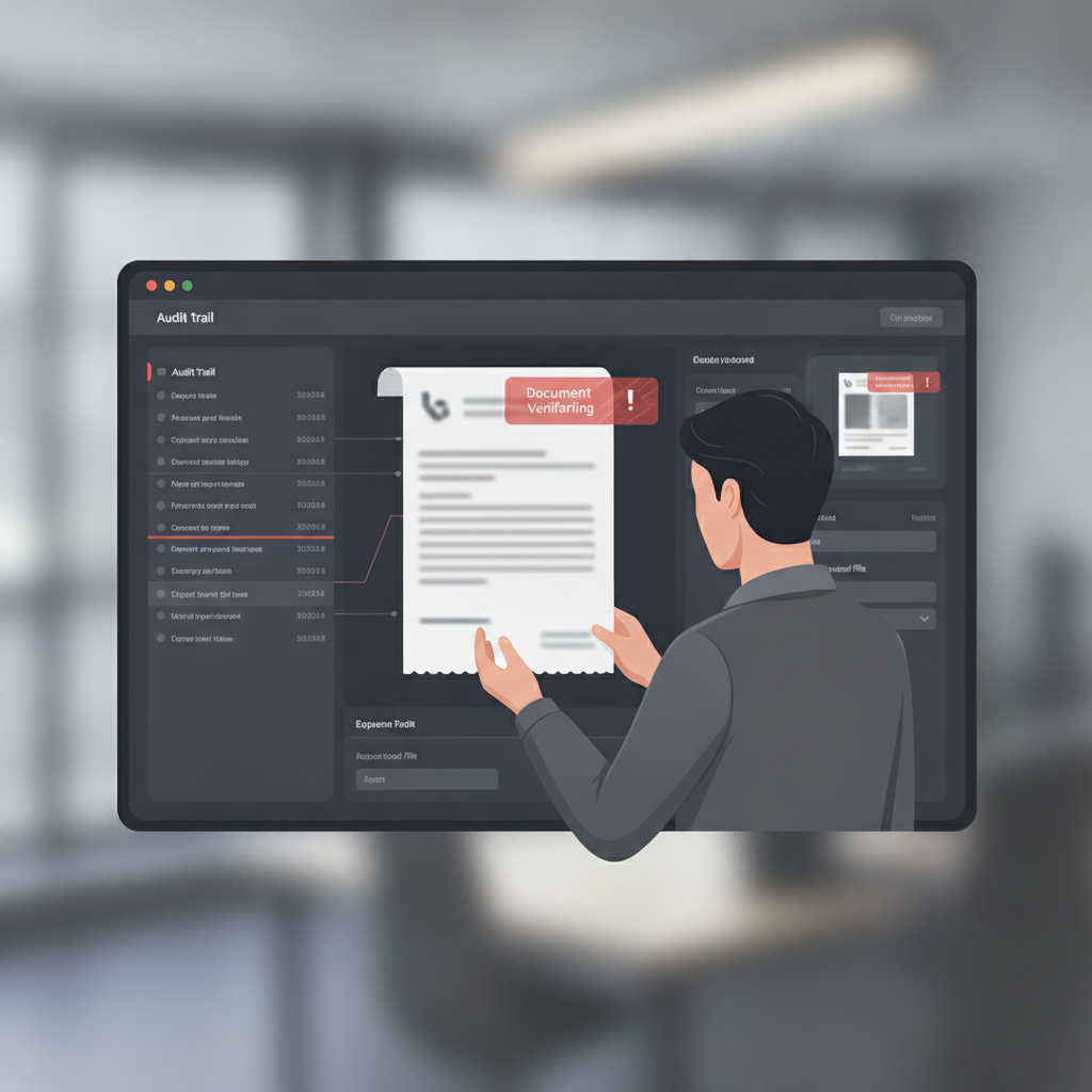 AP manager reviewing an expense receipt in an ERP approval dashboard with an audit trail beside a document verification warning on the original file