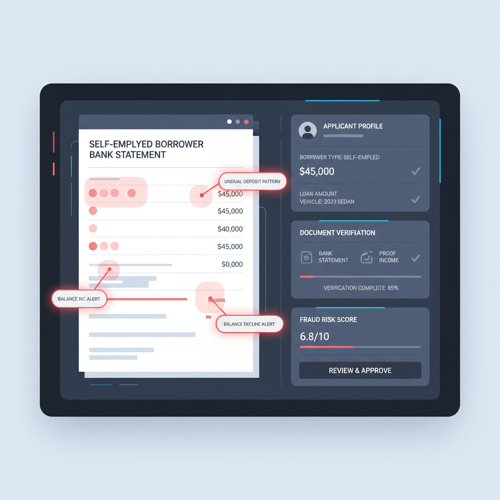 Auto lending underwriting dashboard reviewing a self-employed borrower's uploaded bank statement with suspicious deposit regions highlighted and document verification overlays