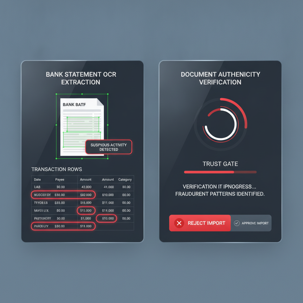 Finance operations dashboard comparing bank statement OCR extraction with document authenticity verification before import