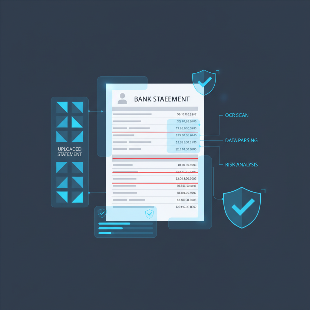 Enterprise verification dashboard reviewing an uploaded bank statement before OCR and import, with suspicious rows highlighted and trust-layer signals overlaid