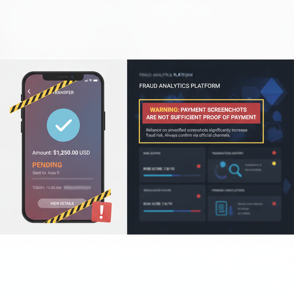 Payment screenshot marked pending beside a fraud analytics dashboard warning that screenshots are not sufficient proof of payment