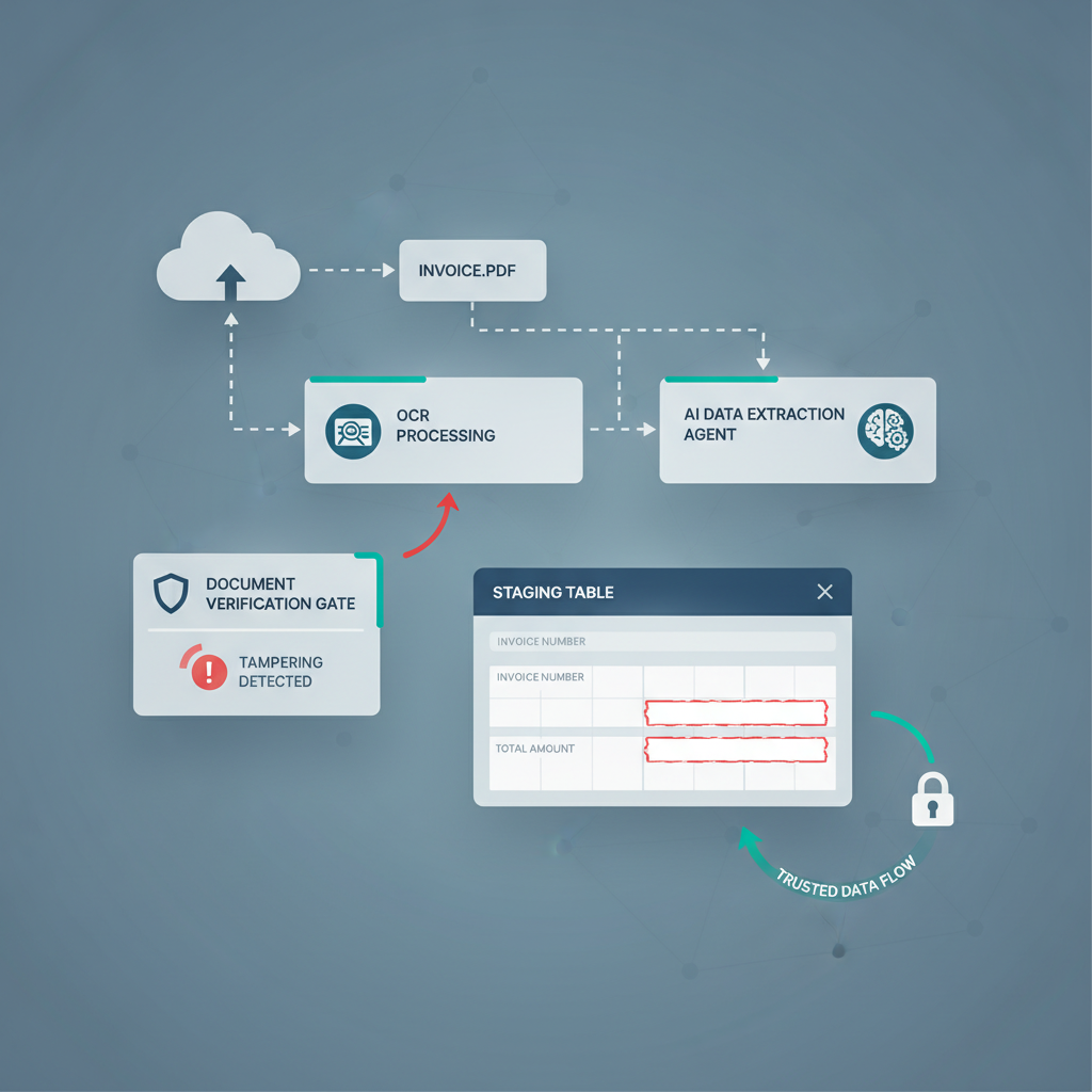AI document workflow canvas sending an uploaded invoice PDF through OCR, an agent staging table, and a separate document verification gate before approval