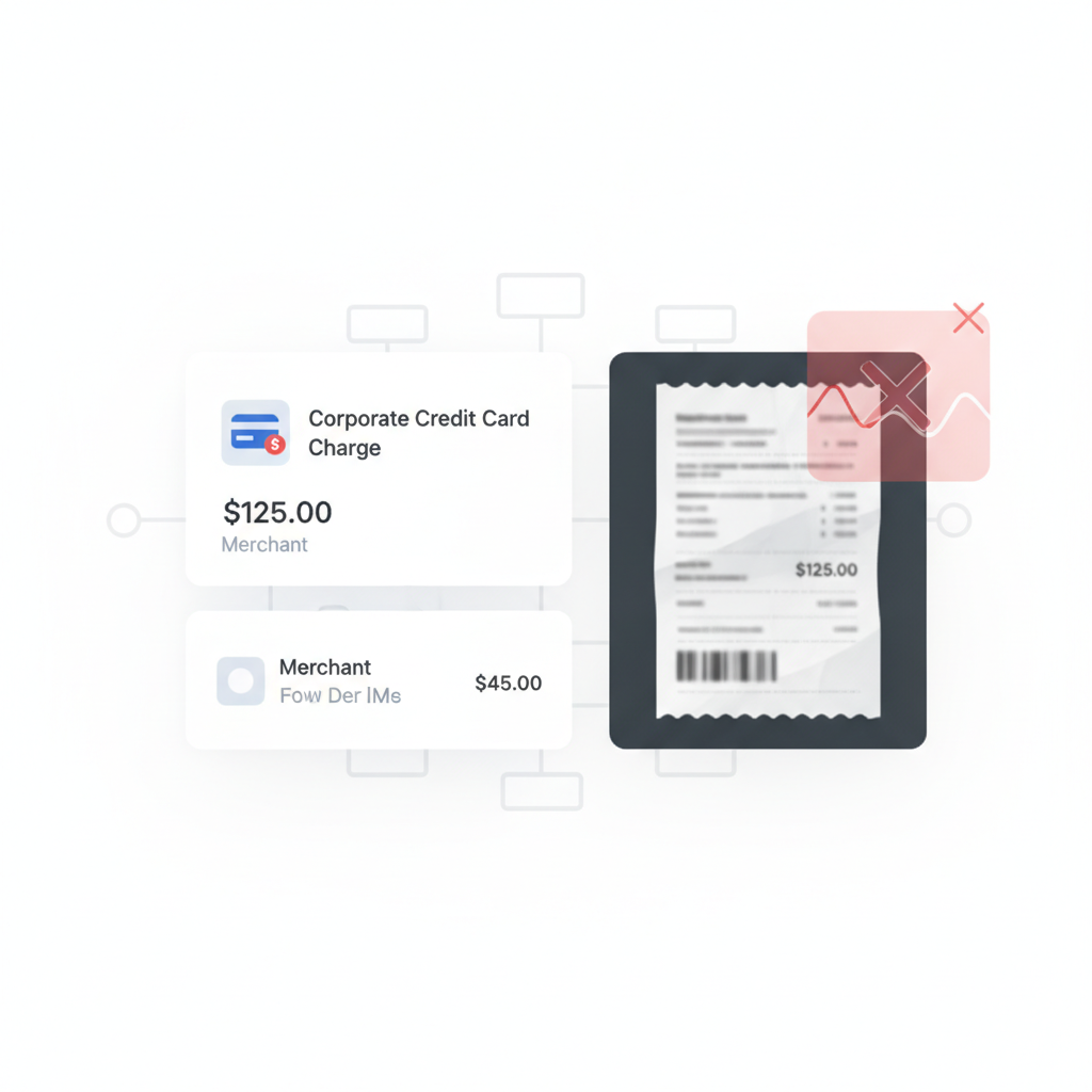 Enterprise expense dashboard showing a matched corporate card charge and receipt alongside a document verification warning before ERP approval