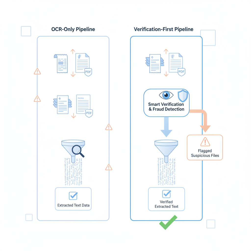 Side-by-side comparison of an OCR-only document pipeline and a verification-first pipeline for receipts, invoices, bank statements, and PDFs