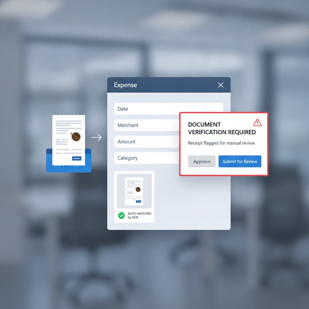 Dynamics-style expense dashboard auto-matching a receipt by OCR while a document verification warning stops approval for review