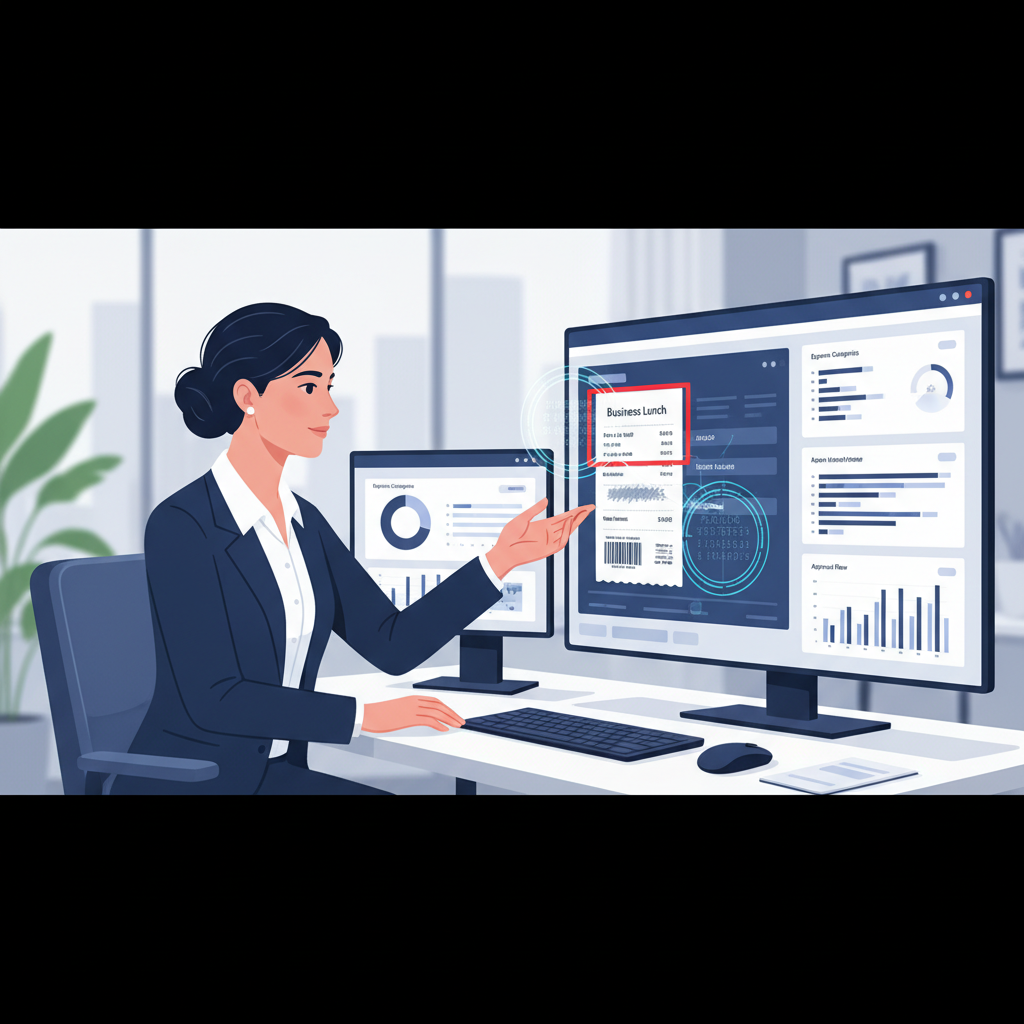 Finance operations dashboard reviewing an employee expense claim with a suspicious receipt highlighted and forensic overlays around edited totals