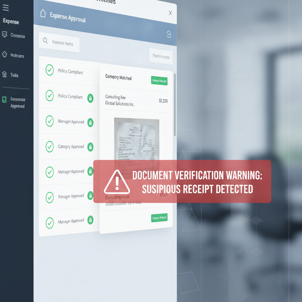 Expense approval dashboard showing green policy-compliance checks while a red document verification warning flags a suspicious receipt before reimbursement