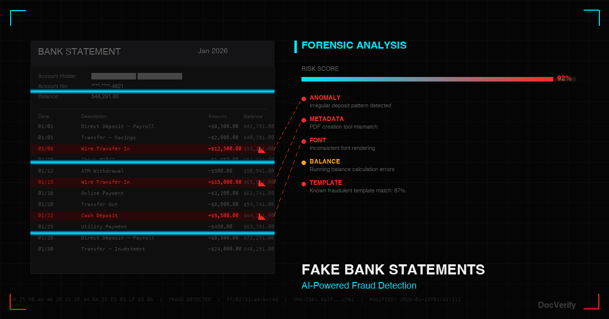 Fake bank statement forensic analysis showing AI-powered fraud detection with flagged transactions and risk scoring