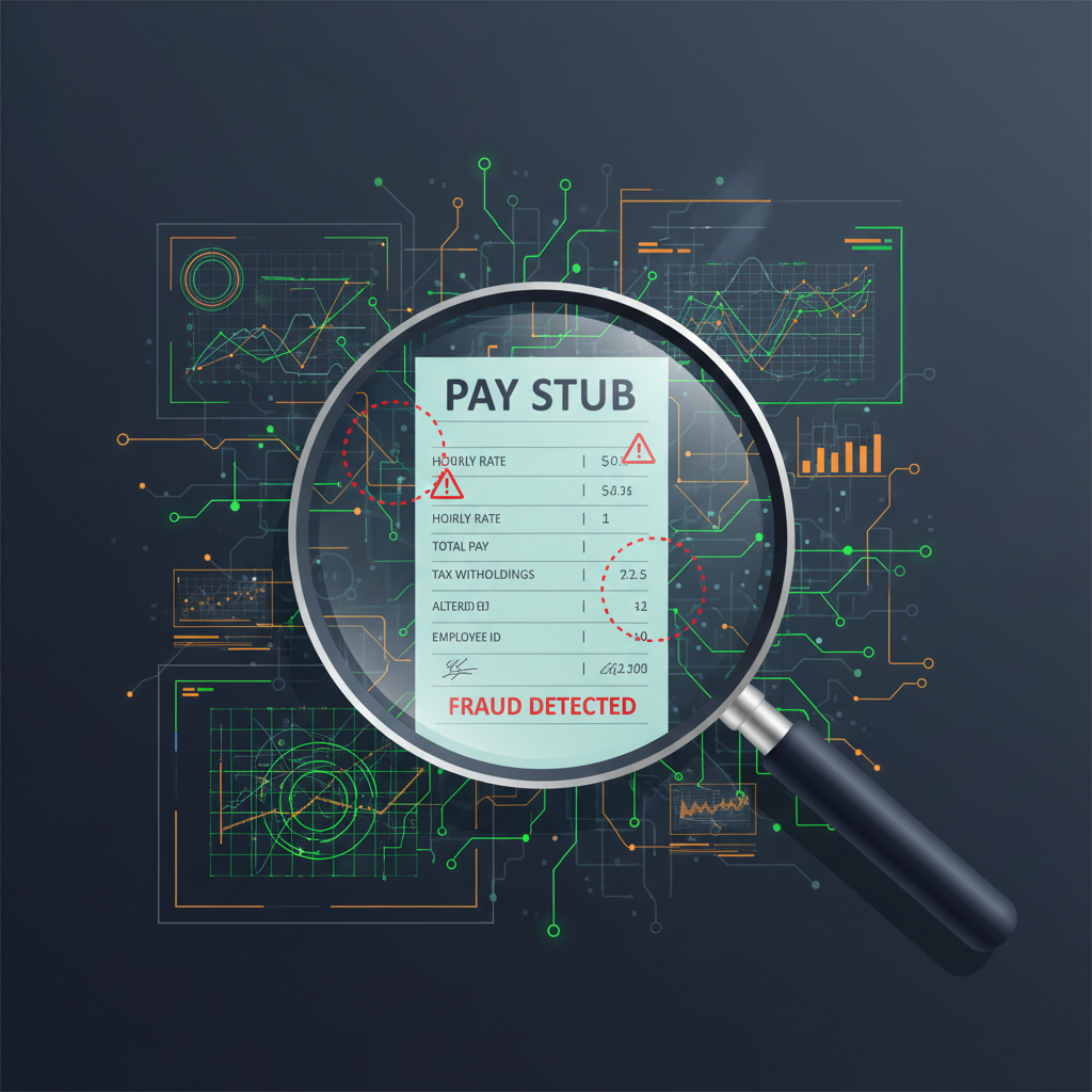 AI-powered forensic analysis of a suspicious pay stub document showing fraud detection indicators and risk scoring