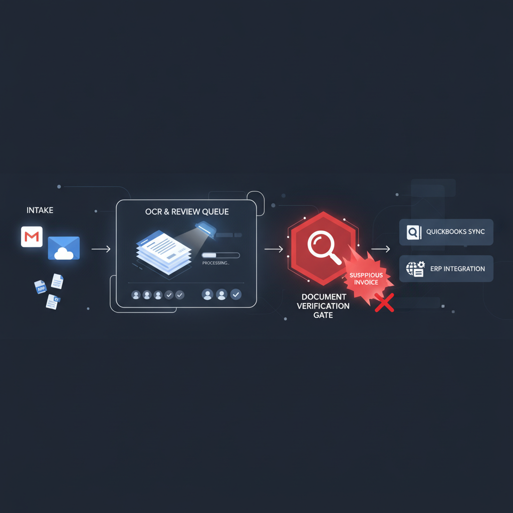 Finance automation workflow moving invoice PDFs from Gmail and cloud drive intake through OCR and a review queue, with a document verification gate stopping a suspicious altered invoice before sync