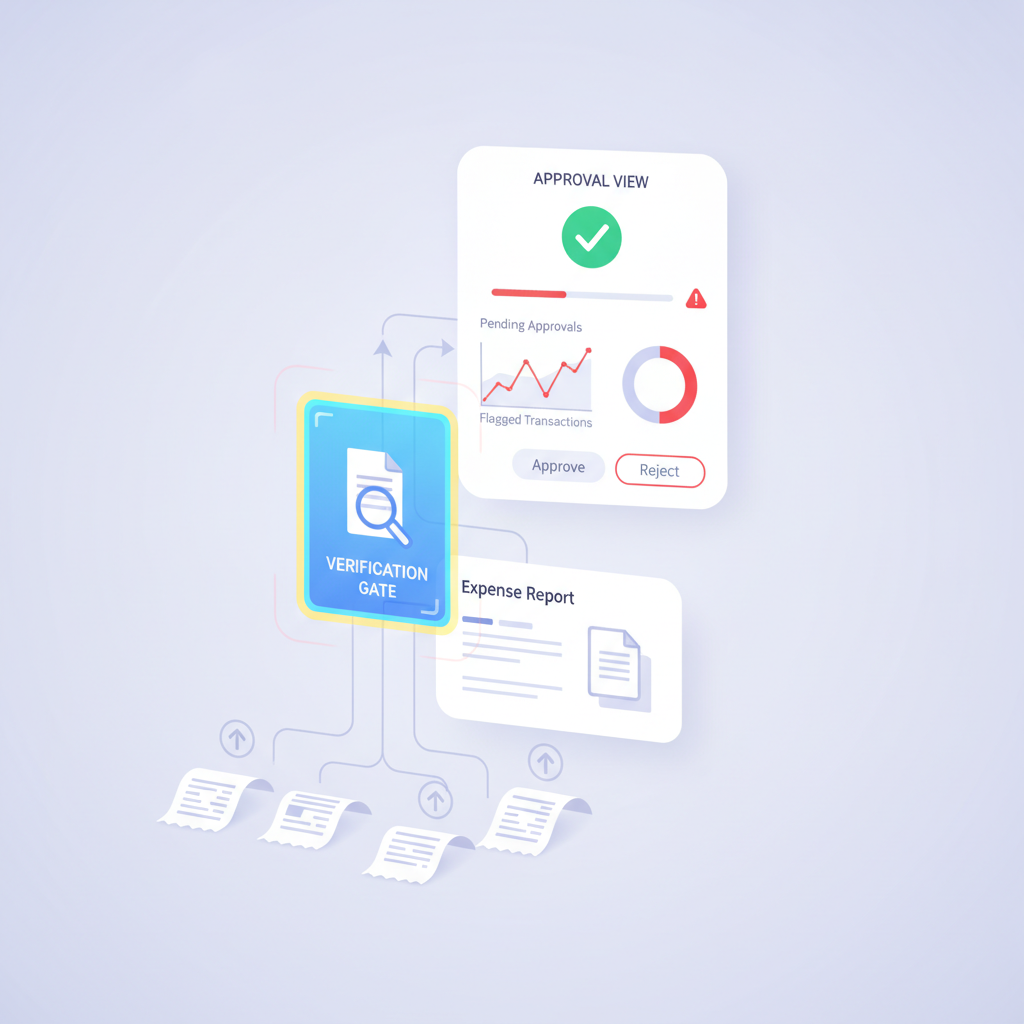 Enterprise expense workflow showing line-level receipts rolled up into a report header while a verification gate flags the original file before approval