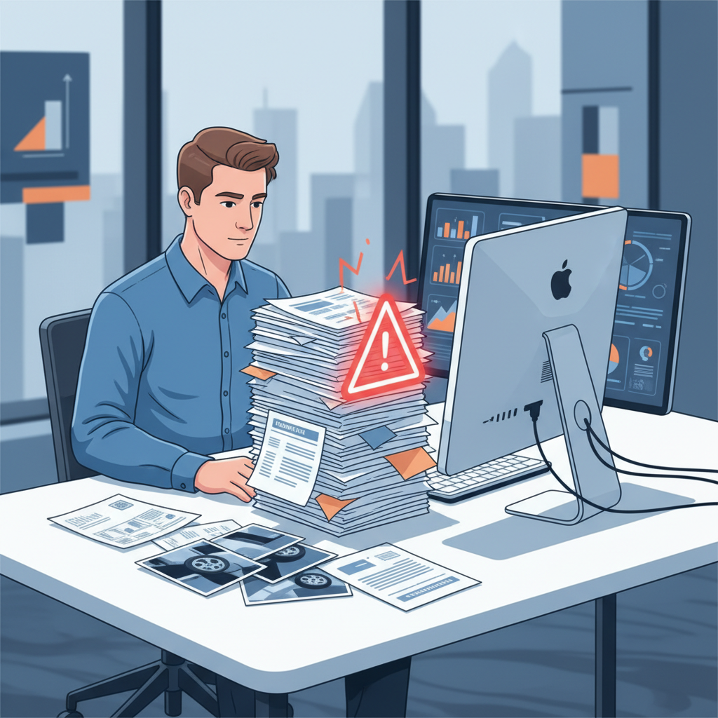 Insurance claims adjuster reviewing documents with AI fraud detection flagging a forged repair invoice