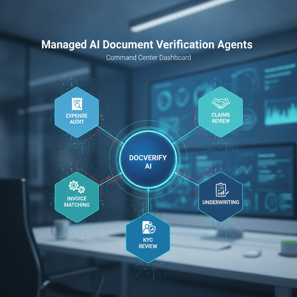Managed AI document verification agents connected to a DocVerify command center for expense audit, invoice matching, KYC review, underwriting, and claims review