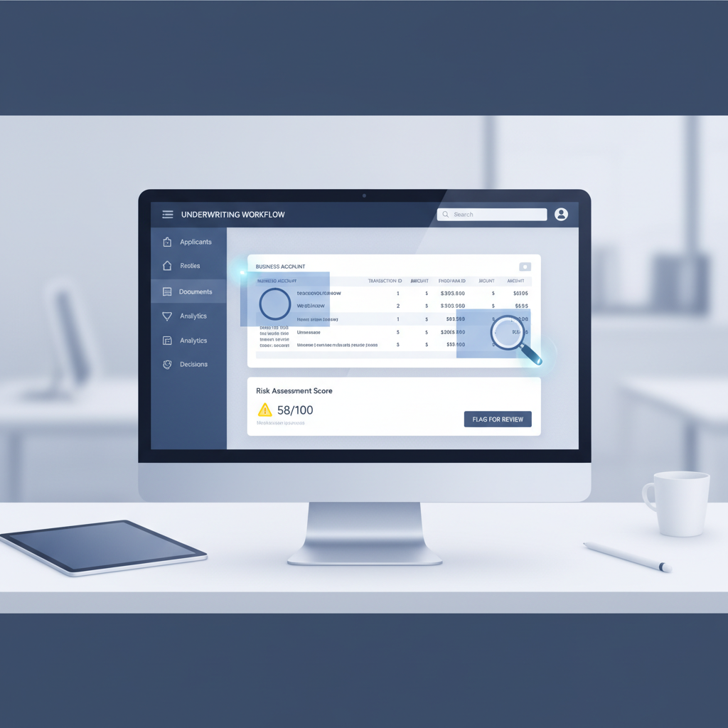 SMB lending dashboard reviewing a suspicious bank statement during merchant cash advance underwriting with forensic highlights on deposits and balances