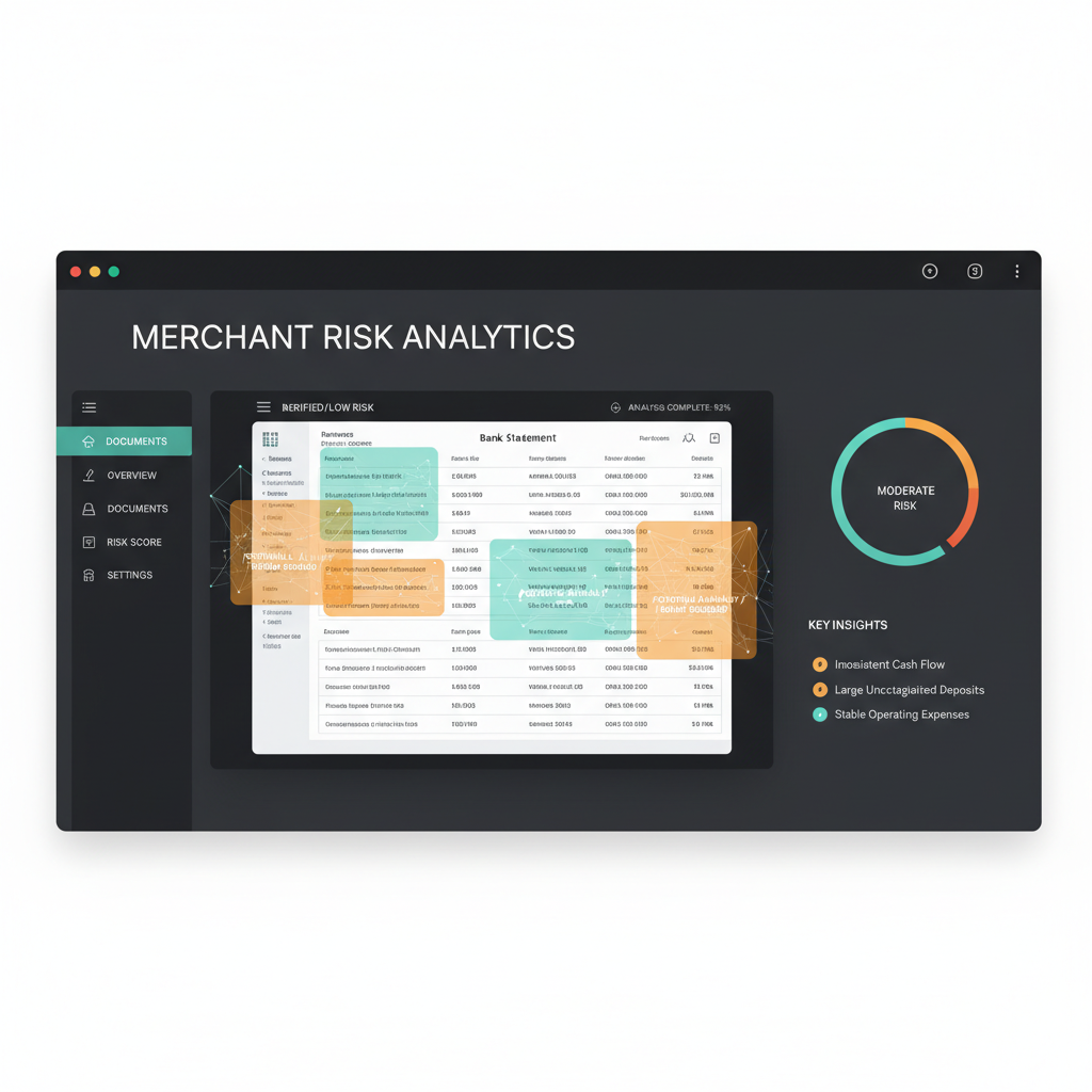 Merchant underwriting dashboard reviewing an uploaded business bank statement with suspicious deposit regions highlighted and document verification overlays