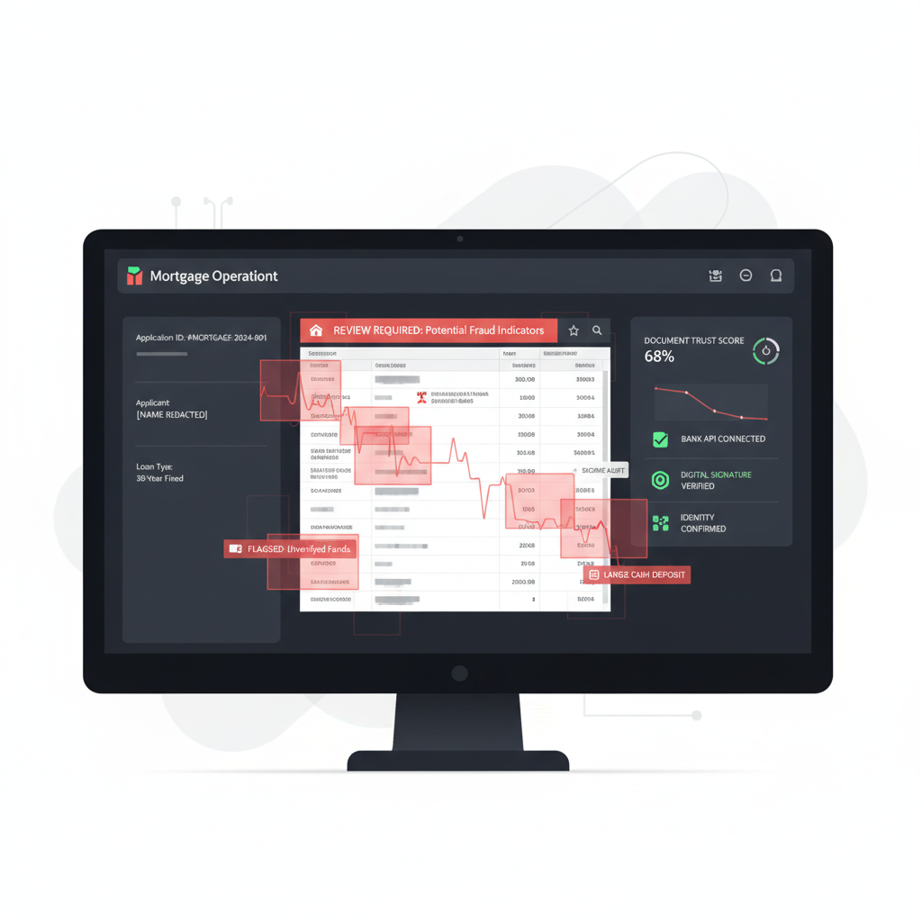 Mortgage underwriting dashboard reviewing a borrower bank statement with suspicious deposit regions highlighted and document verification signals overlaid