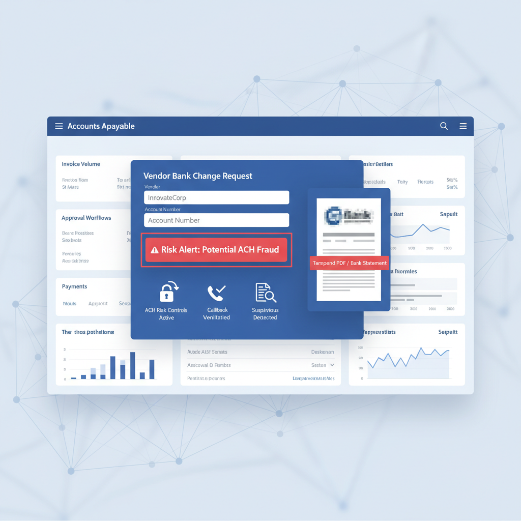 Accounts payable dashboard reviewing a vendor bank change request with ACH risk controls, callback verification, and suspicious PDF evidence flagged for tampering