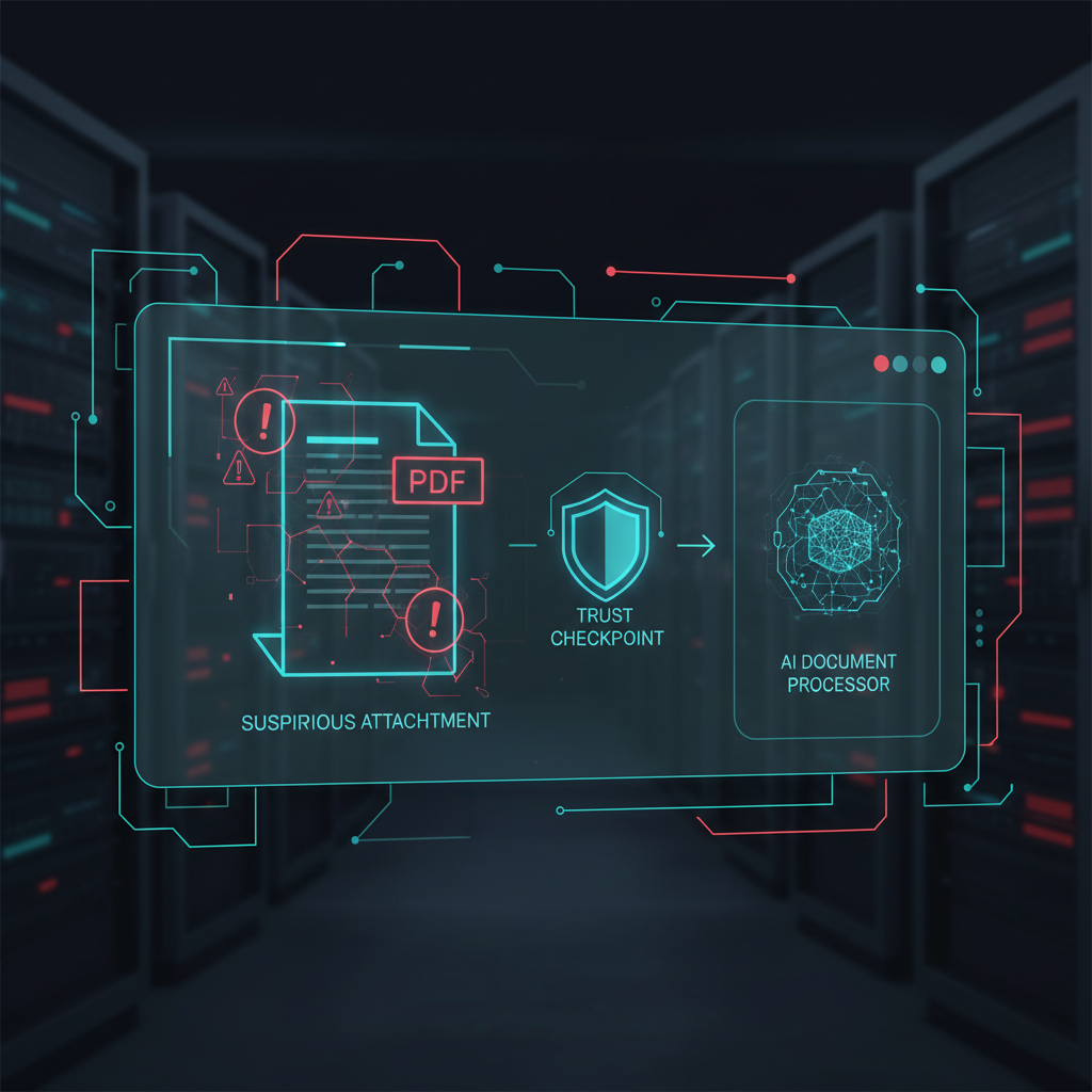 Enterprise workflow dashboard showing a suspicious PDF with hidden instructions flagged before an AI agent can read it