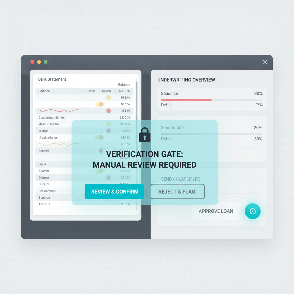 Lending dashboard reviewing a borrower-uploaded bank statement PDF after bank-link fallback, with a verification gate before OCR and approval