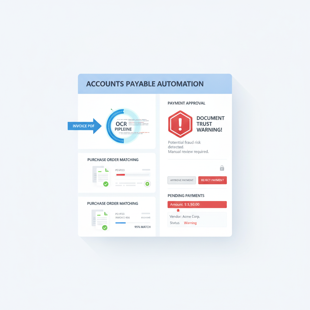 AP automation dashboard showing an invoice PDF, OCR extraction, purchase order matching, and a document trust warning before payment approval