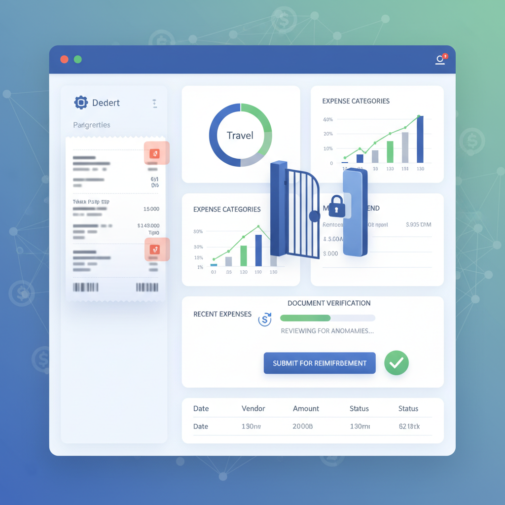 QuickBooks-style expense dashboard reviewing an uploaded receipt with a document verification gate before reimbursement approval and bookkeeping sync