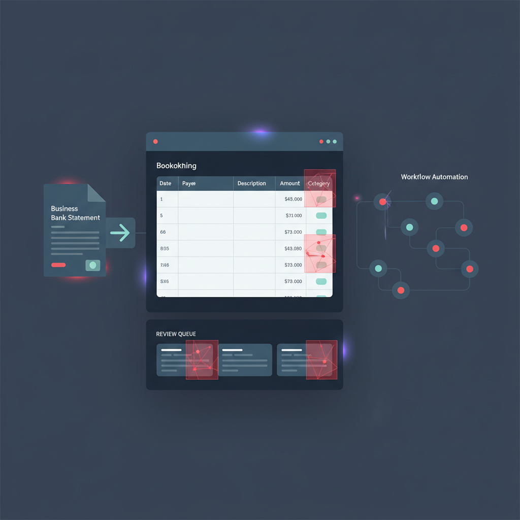 Accounting workflow dashboard importing an uploaded bank statement with suspicious transaction rows highlighted before QuickBooks-style statement extraction