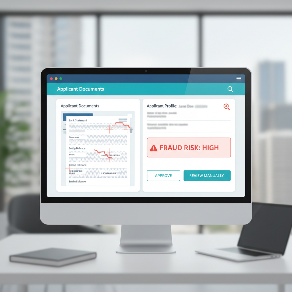 Property management dashboard reviewing a rental applicant bank statement with suspicious balance regions highlighted and document verification signals overlaid