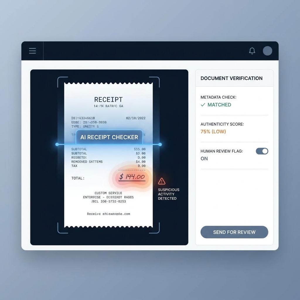 SAP Concur-style expense dashboard flagging a suspicious uploaded receipt with AI-generated receipt checks, metadata review, and a document verification gate before approval
