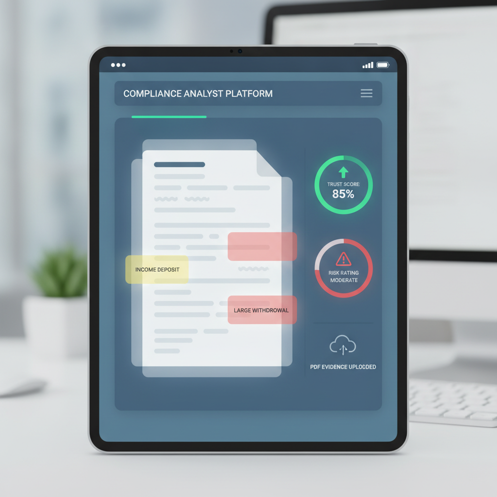 Compliance analyst reviewing uploaded bank statements in a source-of-funds case with suspicious regions highlighted before approval