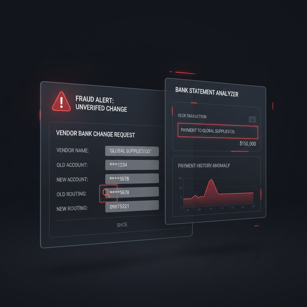 AP workflow dashboard reviewing a suspicious vendor bank statement and bank-account change request with forensic highlights on account fields