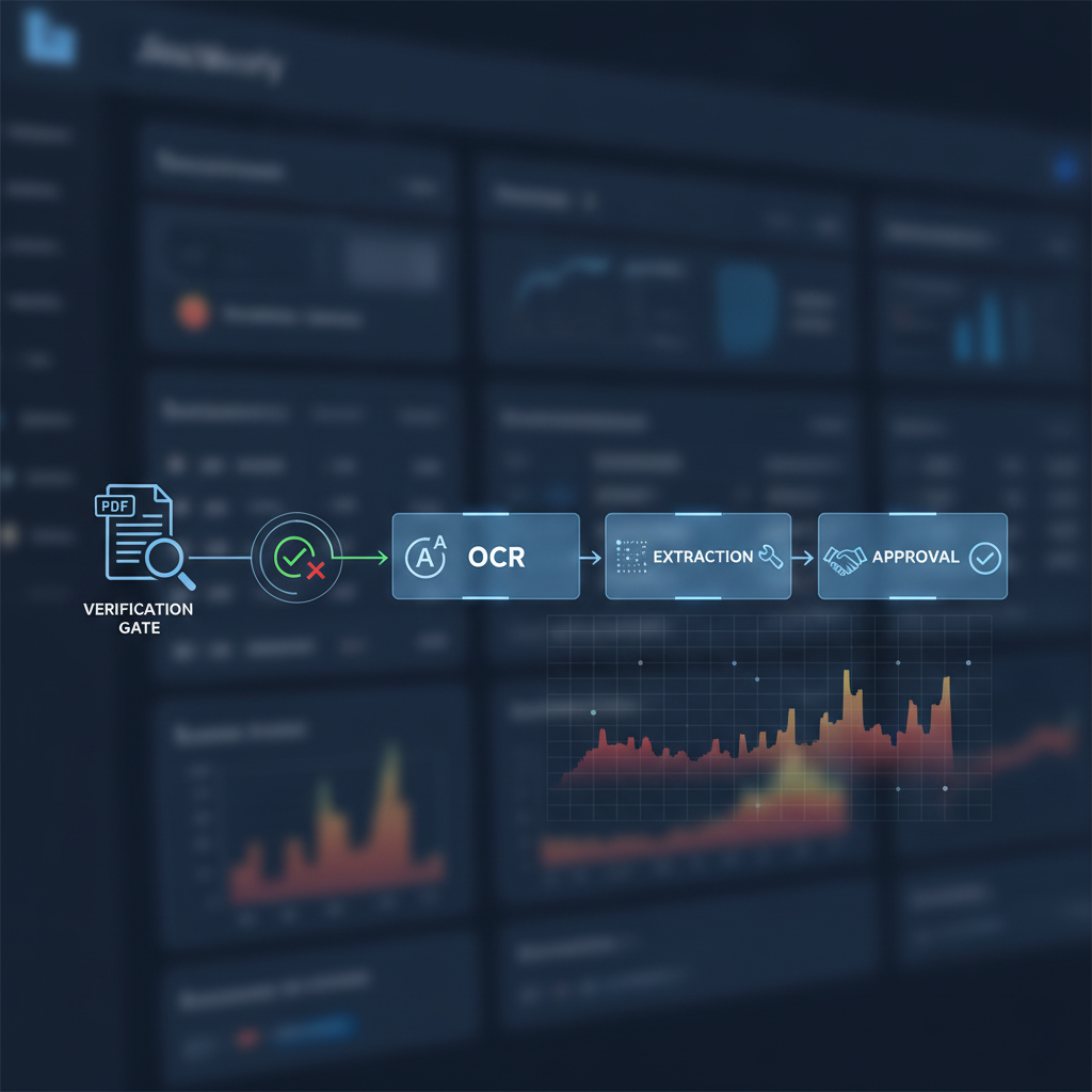 Document upload pipeline showing a verification gate before OCR, extraction, and approval in a modern fraud review dashboard
