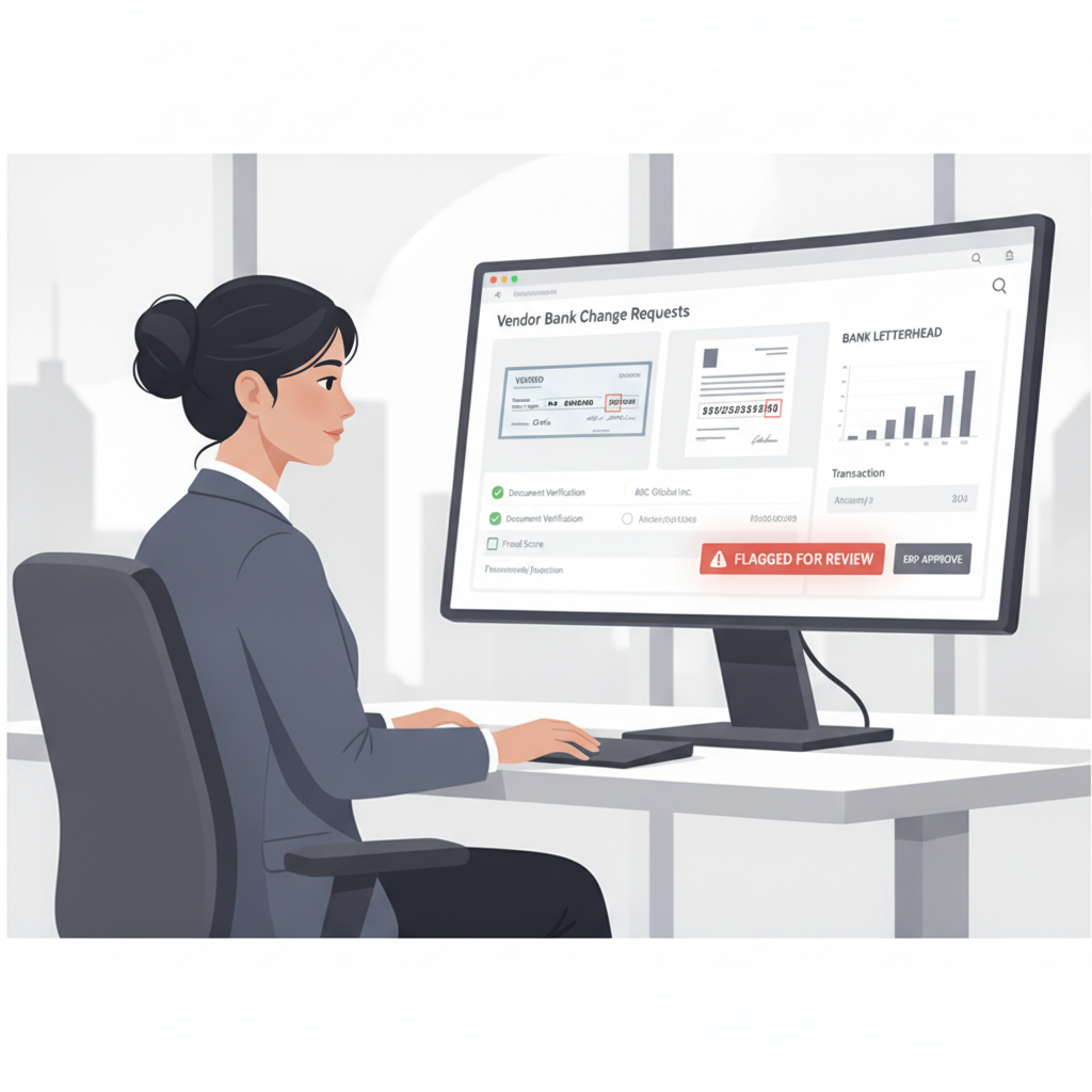 Accounts payable analyst reviewing a voided check and bank letter during a vendor bank change request with suspicious account details highlighted before approval