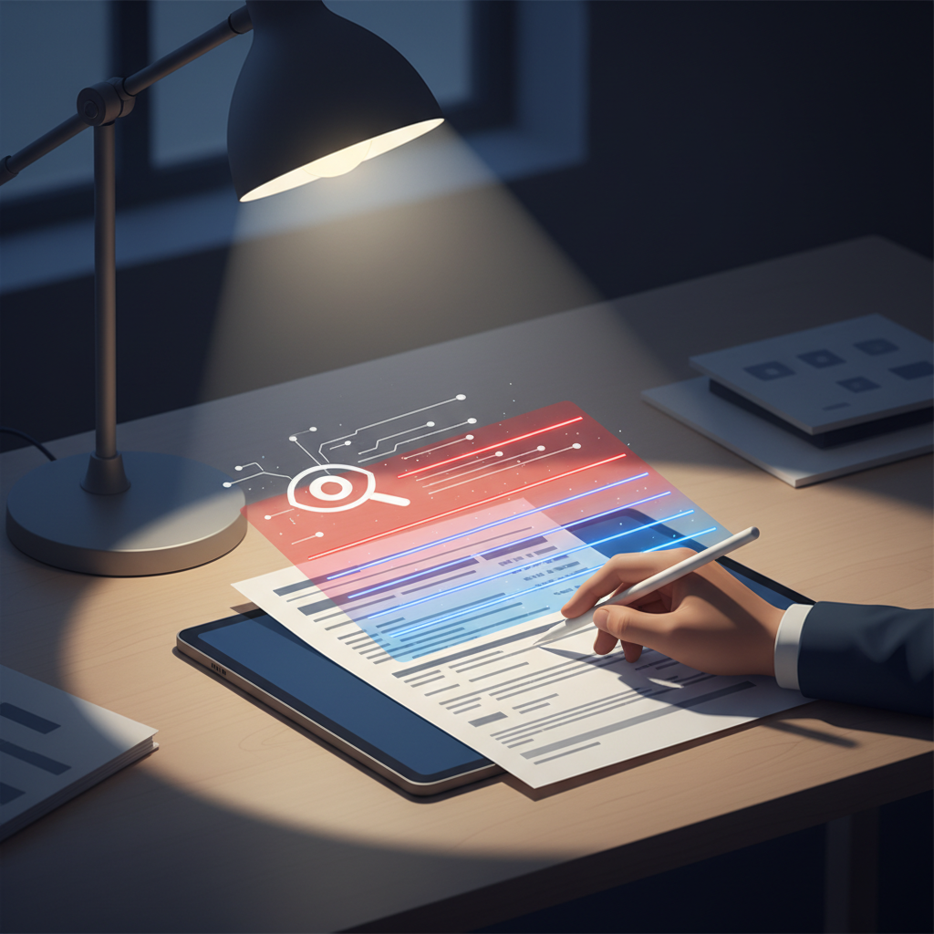 Accountant reviewing a suspicious bank statement with AI-powered document verification overlay detecting potential fraud