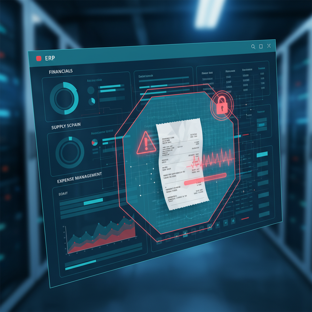 ERP dashboard catching a suspicious expense receipt with document verification overlay