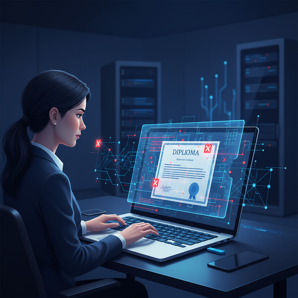 HR manager reviewing a suspicious diploma certificate with AI forensic overlay detecting document manipulation and metadata anomalies